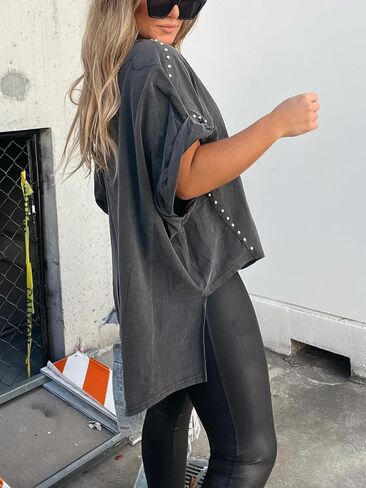 Womens Oversized Tshirts Batwing Short Sleeve Studded Tops Asymmetric Hem Summer Casual Loose Fit Shirts in Saudi Arabia