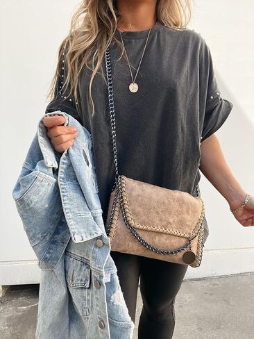 Womens Oversized Tshirts Batwing Short Sleeve Studded Tops Asymmetric Hem Summer Casual Loose Fit Shirts in Saudi Arabia