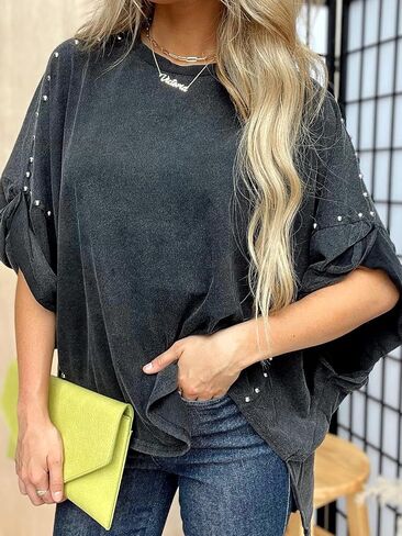 Womens Oversized Tshirts Batwing Short Sleeve Studded Tops Asymmetric Hem Summer Casual Loose Fit Shirts in Saudi Arabia