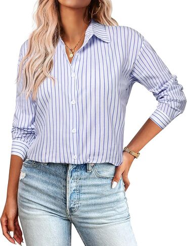 Zeagoo Striped Button Down Shirts for Women Casual Loose Long Sleeve Shirts Business Work Tunic Top in Saudi Arabia