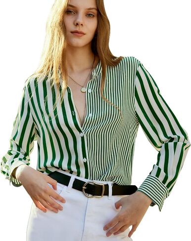 COLD POSH 100% Pure Mulberry Silk Blouse for Women Long Sleeve Button Down Stripe Shirt for Spring/Summer in Saudi Arabia