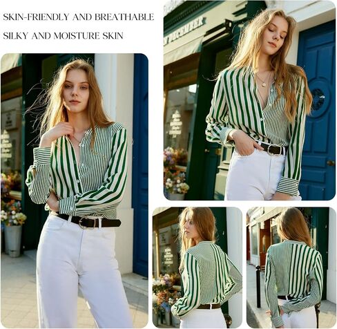 COLD POSH 100% Pure Mulberry Silk Blouse for Women Long Sleeve Button Down Stripe Shirt for Spring/Summer in Saudi Arabia