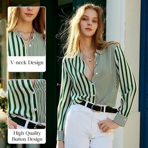 COLD POSH 100% Pure Mulberry Silk Blouse for Women Long Sleeve Button Down Stripe Shirt for Spring/Summer in Saudi Arabia