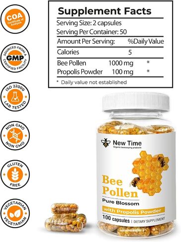 Bee Pollen – 100 Vegetarian Capsules with Propolis - Organic Multivitamin for Men, Women - Fermented Granules - Immune, Energy Support - Non GMO, Pregnancy Friendly in Saudi Arabia