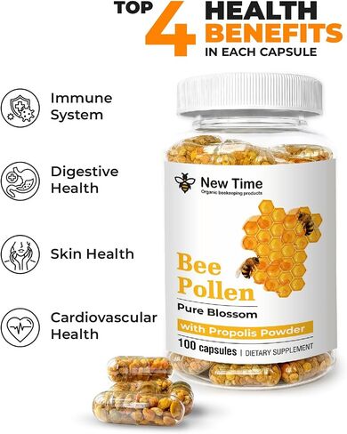 Bee Pollen – 100 Vegetarian Capsules with Propolis - Organic Multivitamin for Men, Women - Fermented Granules - Immune, Energy Support - Non GMO, Pregnancy Friendly in Saudi Arabia