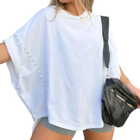 Womens Oversized Tshirts Batwing Short Sleeve Studded Tops Asymmetric Hem Summer Casual Loose Fit Shirts in Saudi Arabia