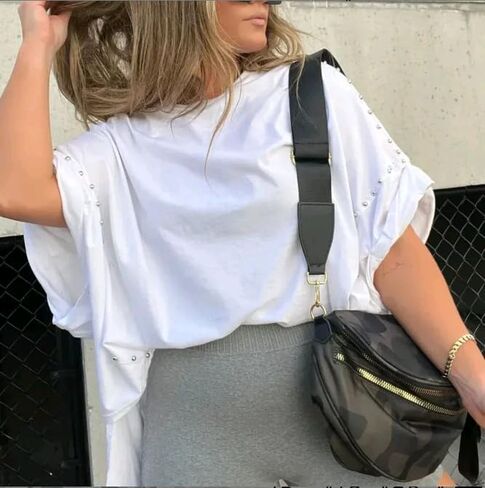 Womens Oversized Tshirts Batwing Short Sleeve Studded Tops Asymmetric Hem Summer Casual Loose Fit Shirts in Saudi Arabia