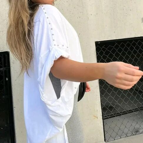 Womens Oversized Tshirts Batwing Short Sleeve Studded Tops Asymmetric Hem Summer Casual Loose Fit Shirts in Saudi Arabia