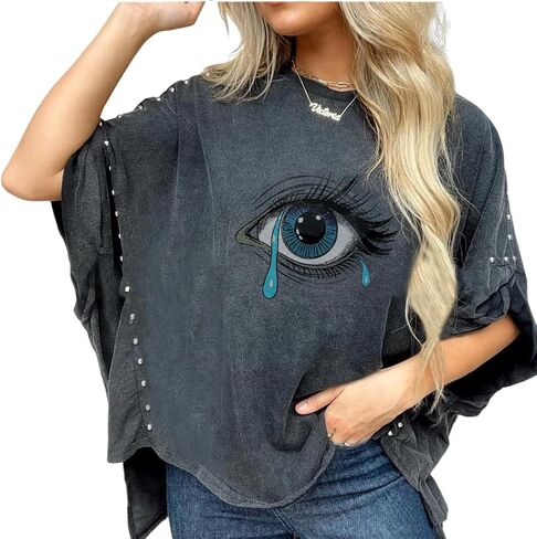 Womens Oversized Tshirts Batwing Short Sleeve Studded Tops Asymmetric Hem Summer Casual Loose Fit Shirts in Saudi Arabia