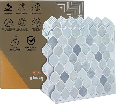 20 Sheets Glossy Peel and Stick Kitchen Backsplash Thicker Design Tile Stickers Self Adhesive Stick on Subway Tile 12" x 6" Bathroom Splashback Water Heat Resistant 3D Wall Tiles Leaf Gray in Saudi Arabia
