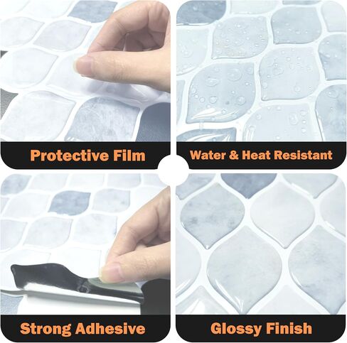20 Sheets Glossy Peel and Stick Kitchen Backsplash Thicker Design Tile Stickers Self Adhesive Stick on Subway Tile 12" x 6" Bathroom Splashback Water Heat Resistant 3D Wall Tiles Leaf Gray in Saudi Arabia