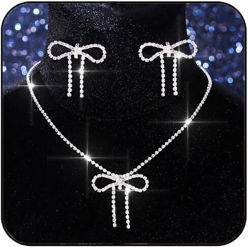 Aukmla Rhinestone Bow Jewelry Set Silver Bowknot Netlace Conclace Terring Sets Prom Prom Wedding Costume Stelaces for Women in Kuwait