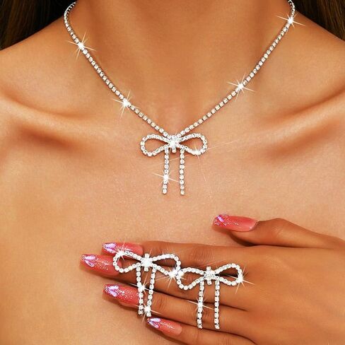 Aukmla Rhinestone Bow Jewelry Set Silver Bowknot Netlace Conclace Terring Sets Prom Prom Wedding Costume Stelaces for Women in Kuwait