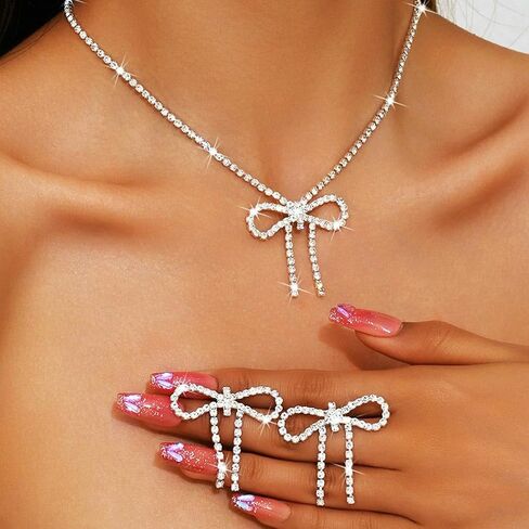 Aukmla Rhinestone Bow Jewelry Set Silver Bowknot Netlace Conclace Terring Sets Prom Prom Wedding Costume Stelaces for Women in Kuwait