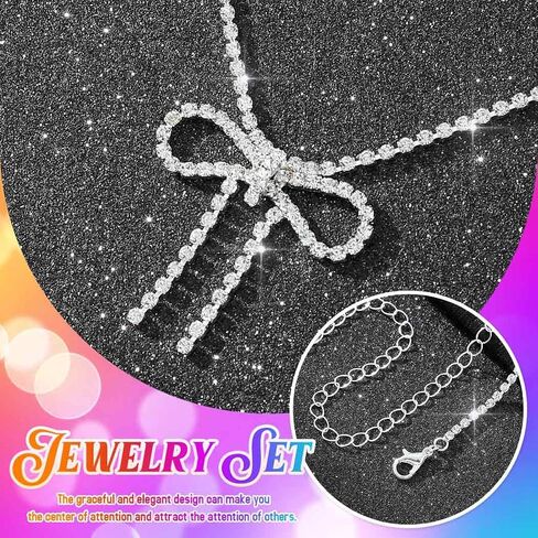Aukmla Rhinestone Bow Jewelry Set Silver Bowknot Netlace Conclace Terring Sets Prom Prom Wedding Costume Stelaces for Women in Kuwait