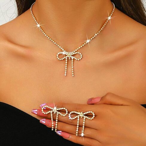 Aukmla Rhinestone Bow Jewelry Set Silver Bowknot Netlace Conclace Terring Sets Prom Prom Wedding Costume Stelaces for Women in Kuwait