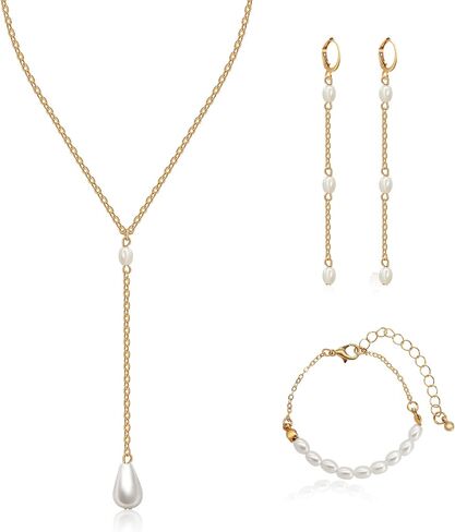 AILUOR Gold Jewelry Set for Women - 14K Gold Plated Pearl Necklace & Earring Set with Drop Earrings, Bracelets, Choker Necklace - Dainty Wedding Pearl Jewelry in Saudi Arabia