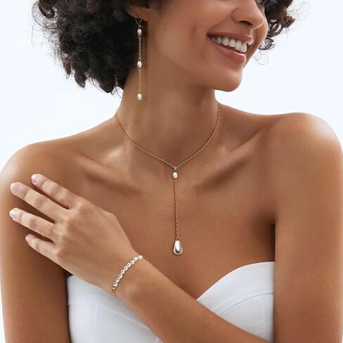 AILUOR Gold Jewelry Set for Women - 14K Gold Plated Pearl Necklace & Earring Set with Drop Earrings, Bracelets, Choker Necklace - Dainty Wedding Pearl Jewelry in Saudi Arabia