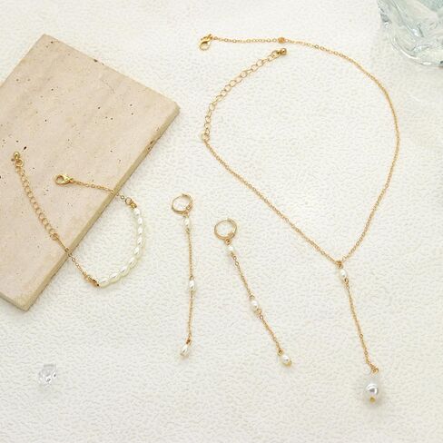 AILUOR Gold Jewelry Set for Women - 14K Gold Plated Pearl Necklace & Earring Set with Drop Earrings, Bracelets, Choker Necklace - Dainty Wedding Pearl Jewelry in Saudi Arabia