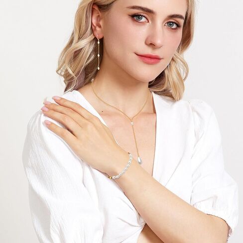 AILUOR Gold Jewelry Set for Women - 14K Gold Plated Pearl Necklace & Earring Set with Drop Earrings, Bracelets, Choker Necklace - Dainty Wedding Pearl Jewelry in Saudi Arabia