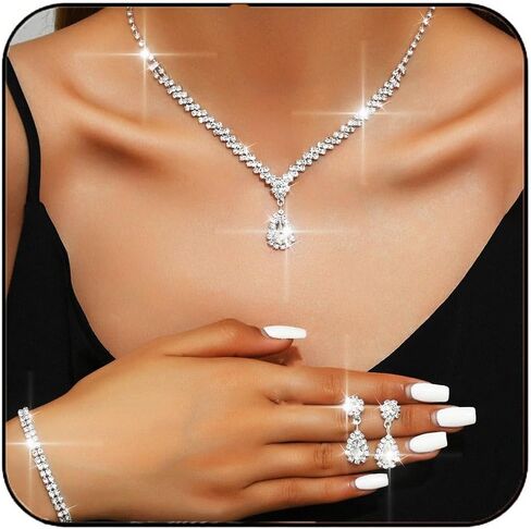 Aukmla Crystal Bride Wedding Jewelry Set Silver Rhinestones Bridal Necklaces Earrings Bracelet Sets Prom Jewelry for Women and Brides in Kuwait