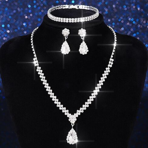 Aukmla Crystal Bride Wedding Jewelry Set Silver Rhinestones Bridal Necklaces Earrings Bracelet Sets Prom Jewelry for Women and Brides in Kuwait