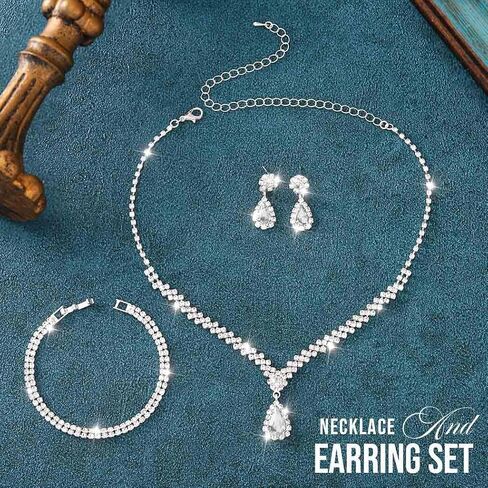 Aukmla Crystal Bride Wedding Jewelry Set Silver Rhinestones Bridal Necklaces Earrings Bracelet Sets Prom Jewelry for Women and Brides in Kuwait