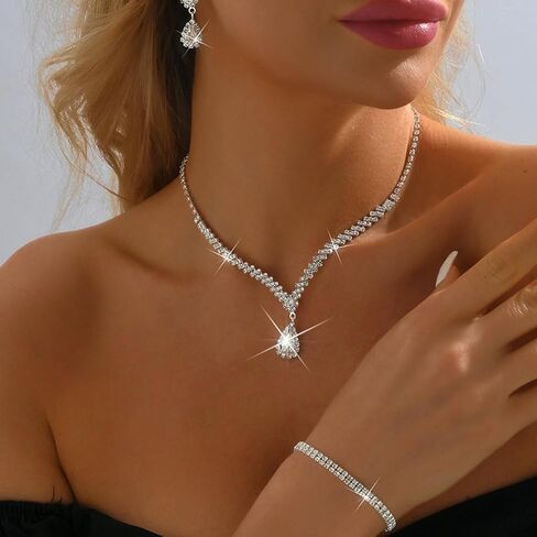 Aukmla Crystal Bride Wedding Jewelry Set Silver Rhinestones Bridal Necklaces Earrings Bracelet Sets Prom Jewelry for Women and Brides in Kuwait