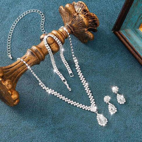 Aukmla Crystal Bride Wedding Jewelry Set Silver Rhinestones Bridal Necklaces Earrings Bracelet Sets Prom Jewelry for Women and Brides in Kuwait