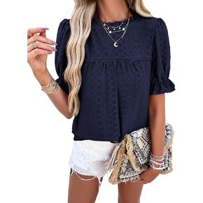PRETTYGARDEN Women's 2025 Summer Tops Casual Crewneck Ruffle Short Sleeve Eyelet Babydoll Blouse Shirts