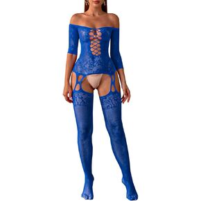 Buitifo Women Sexy Lingerie Fishnet Tights Bodystocking Mini Top Attached Stockings