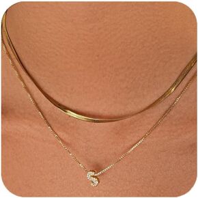 Mini Bubble Gold Letter Necklace For Women – Initial Necklaces Dainty Necklace For Women Zircon 18k Gold Plated Tarnish Herringbone Layered Necklaces Gift