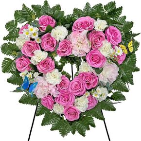 MUVIC Cemetery Flower Wreaths for Grave Decorations- Elegant Remembrance Standing Heart,Memorial Floral with Easel Stand,Pink Hibiscus Rose Carnation Daisy-27 Inch