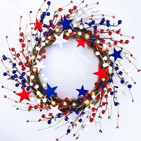Patriotic Wreaths for Front Door with Lights, 20inch 4th of July Wreaths Red White and Blue Berry Star Summer American Flag Wreath for Memorial Day Independence Day Veterans Day Window Wall Decor