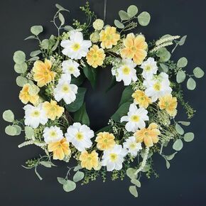 Yellow Spring Summer Wreaths for Front Door, 20 Inch Artificial Floral Wreath with Cosmos Daisy, Flower Tropical Wreaths for Porch Wall Window Decor, Farmhouse Wreath for Home Decorations