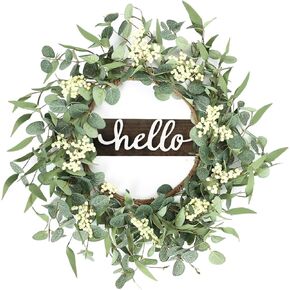 24inch Artificial Blue Forsythia Flower Wreath for Front Door Spring Summer Daisy Lavender Wreaths All Year Around Farmhouse Wild Wreath with Welcome Sign for Outdoor Wall Window Garden Porch Decor