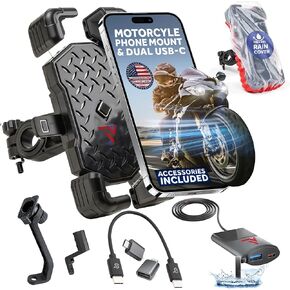 Motorcycle Phone Mount with 12V Dual USB-C Cell Phone Charger/from TV Sport Cycle Accessories / 1s Speed Phone Holder and Rapid USB-C Charger Waterproof Port/Mirror Mount & Rain Cover Included