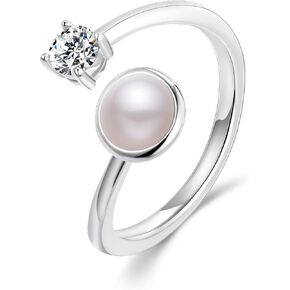 Silver Pearl Rings for Women and Girls, Cubic Zirconia Open Wrap Ring, 14K White Gold Statement Minimalist Wedding Engagement Valentine's Day Gift