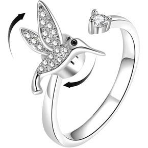 Cute Rotating Hummingbird Fidget Anxiety Open Ring Adjustable Crystal Spinner Stress Relief Stackable Rings Sterling Silver Plated Wedding Statement Jewelry Birthday Xmas Gifts for Women Daughter
