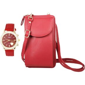 Women's Easy Reader Colorful Watch Matching with Perfect Colorful Wallet which Holds Smartphone, Credit Cards, Cash & Change Organized - ST10385-Red