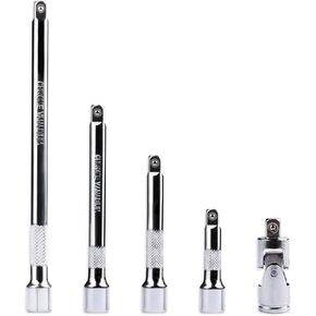 مجموعة شريط امتداد 5 PCS ، 1/4 "مجموعة تمديد المقبس ، تشمل 4 أجهزة كمبيوتر ملحقات (2"/50 مم ، 3 "/75 مم ، 4"/100 مم ، 6 "/150 مم) و 1 × 1/4 بوصة مقبس مفصل عالمي ، كروم فاناديوم الصلب