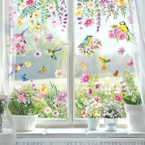 9 Sheets Spring Floral Window Cling Stickers Watercolor Flower Butterfly Bird Reusable Window Decals for Party Home Office Classroom Decoration