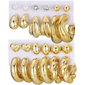 KISS WIFE Gold Chunky Earrings for Women, Hypoallergenic Lightweight Hoops, Pearl Stud Twist Heart Round Dangle Earring Packs Jewelry Gifts for Women