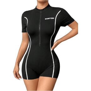 WDIRARA Women's Mock Neck Half Zip Romper Short Sleeve Athletic Workout Unitard Short Jumpsuits