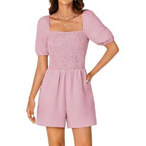 KIFOVEN Women’s Dressy Romper Puff Short Sleeve Smocked Summer Short Jumpsuit Romper Vacation Outfit with Pockets