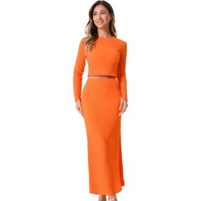 Allegra K Women's 2 Piece Sets Long Sleeve Crop Top High Waist Mermaid Maxi Skirt Fashion Casual Sets