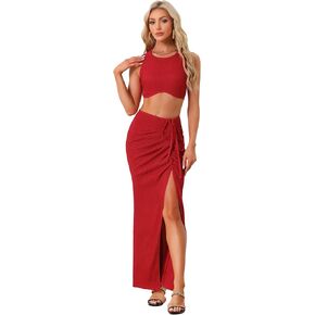Allegra K Women's Casual Skirt Set 2 Pieces Outfit Beach SleevelessTank Top Tie Front Split Skirt