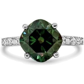Colorful 3 Ct. Green Rainbow Moissanite Ring, 18K White Gold Over Silver, Cushion Cut With Side Moissanite Accent Stones (8), Greenish purple