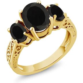 Gem Stone King 18K Yellow Gold Plated Silver Black Onyx 3 Stone Ring For Women (2.41 Cttw, Gemstone Birthstone, Available In Size 5, 6, 7, 8, 9)