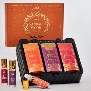 Dukhni Sandalwood Oil Attar Oil مجموعة زيوت العطور من خشب الصندل العربي | 3 روائح متنوعة × 6 مل | مجموعة خالية من الكحول ، نباتي ، مجموعة Sandalia للهدايا | زيوت صلاة تشاندان ، العطور الإسلامية